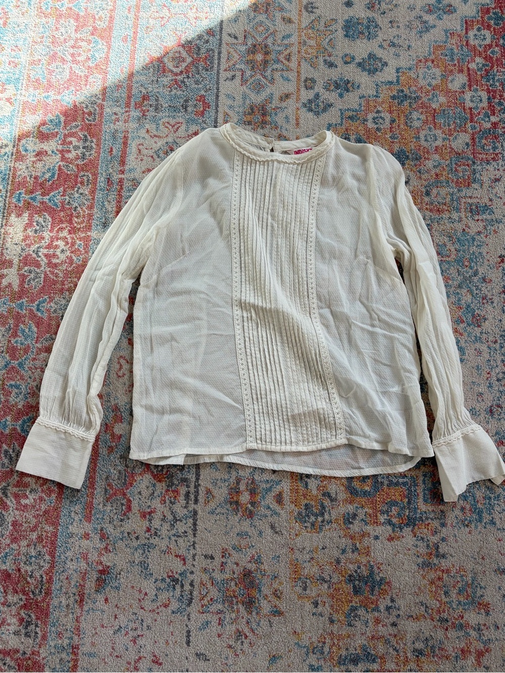 Indiska sheer cotton pleated/pintuck lace detail long-sleeved top